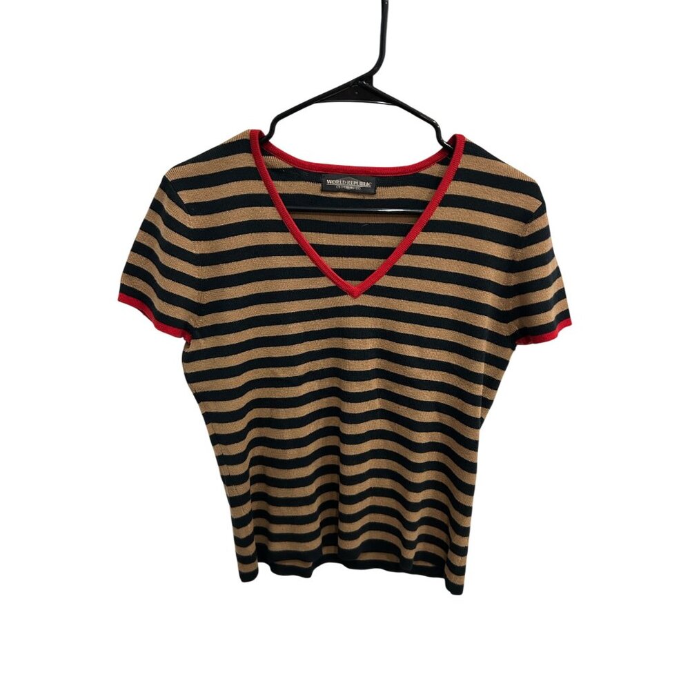 World Republic Womens Striped V-Neck Short Sleeve Top Size Medium Casual Preppy